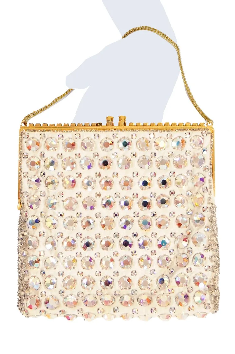 1960s Delill Iridescent Rhinestone Satin Evening Bag
