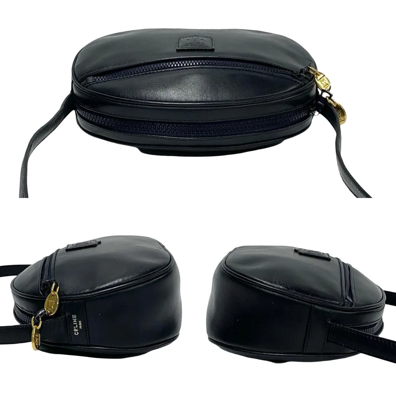 CELINE Shoulder Bag Calfskin, Leather Navy triomphe logo Women Used