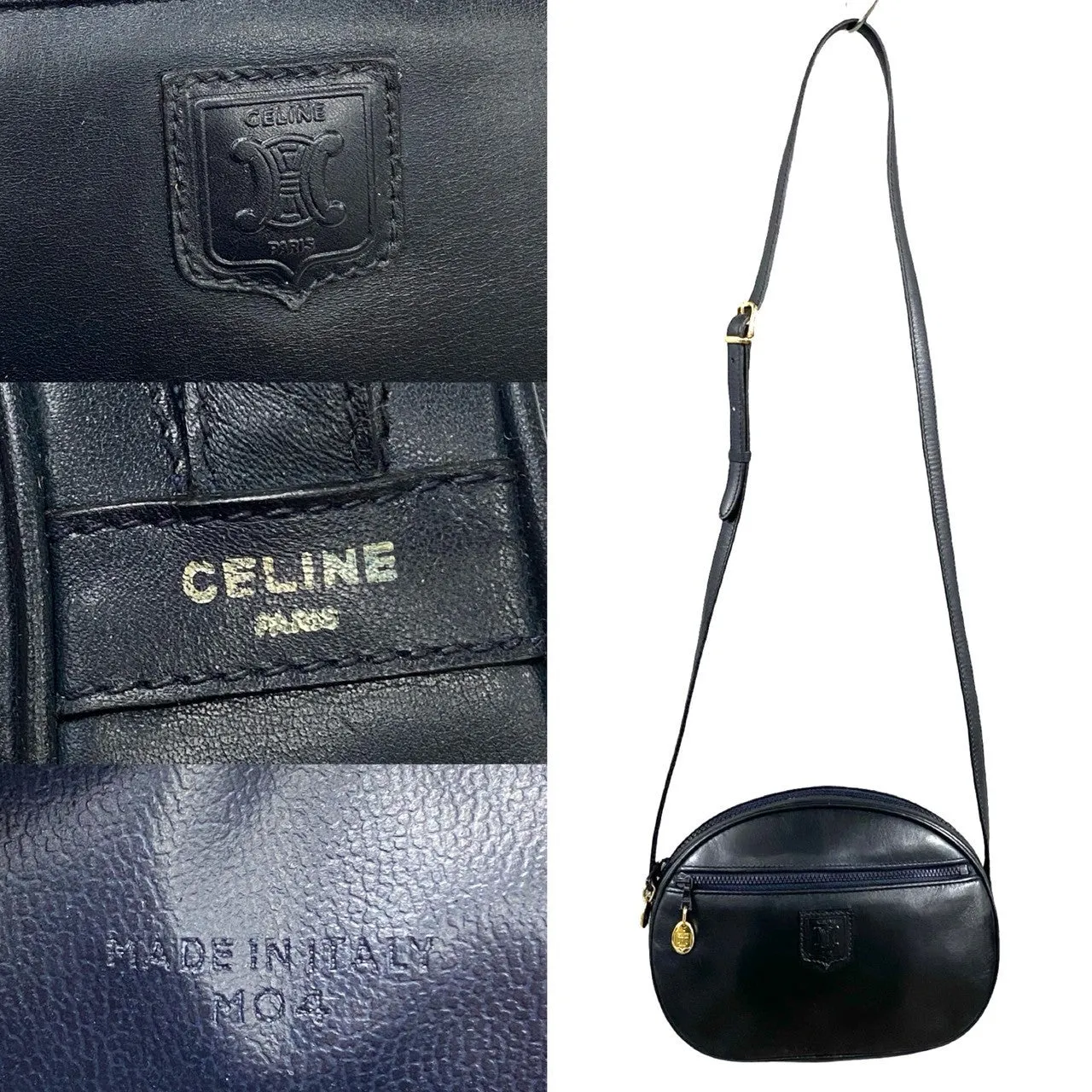 CELINE Shoulder Bag Calfskin, Leather Navy triomphe logo Women Used