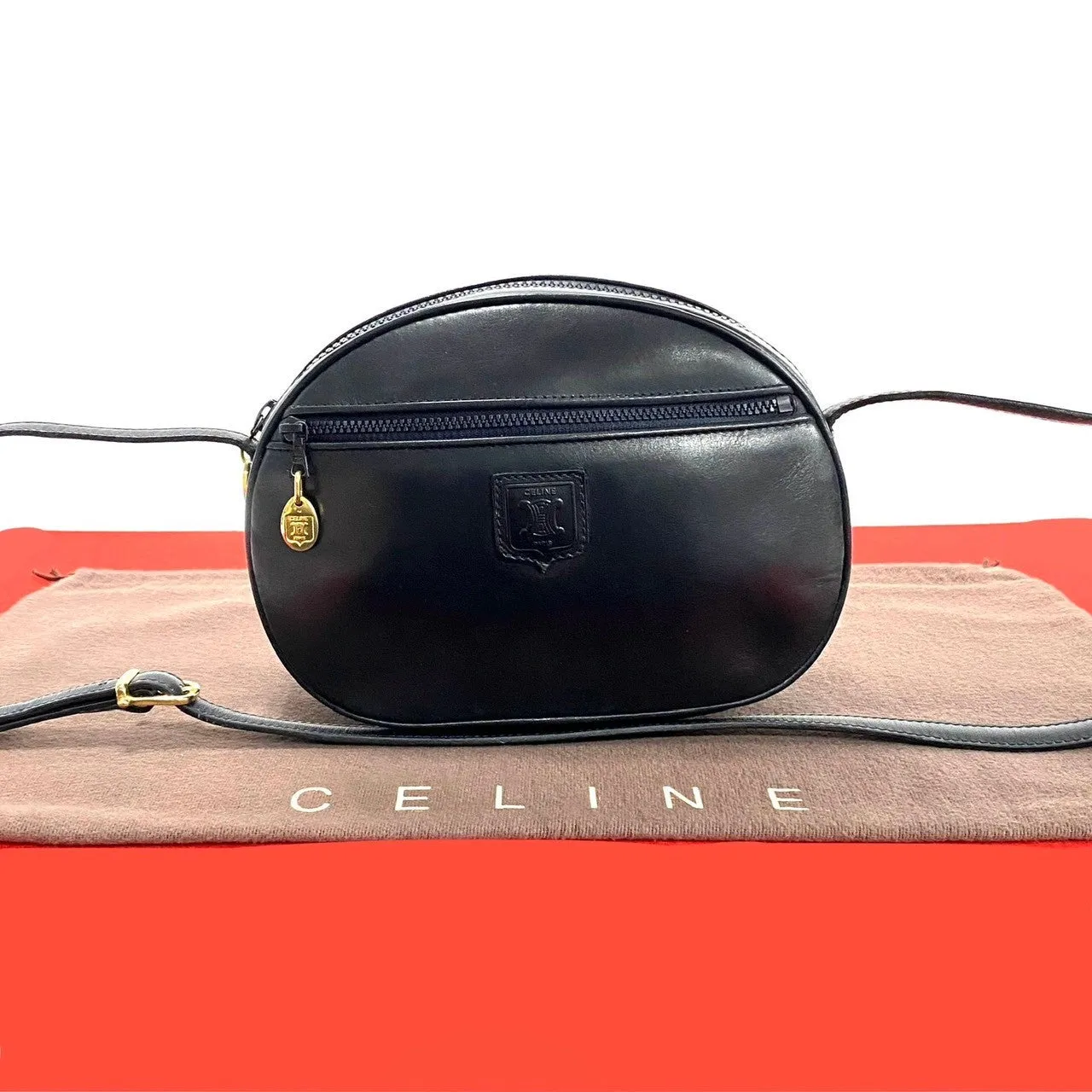 CELINE Shoulder Bag Calfskin, Leather Navy triomphe logo Women Used