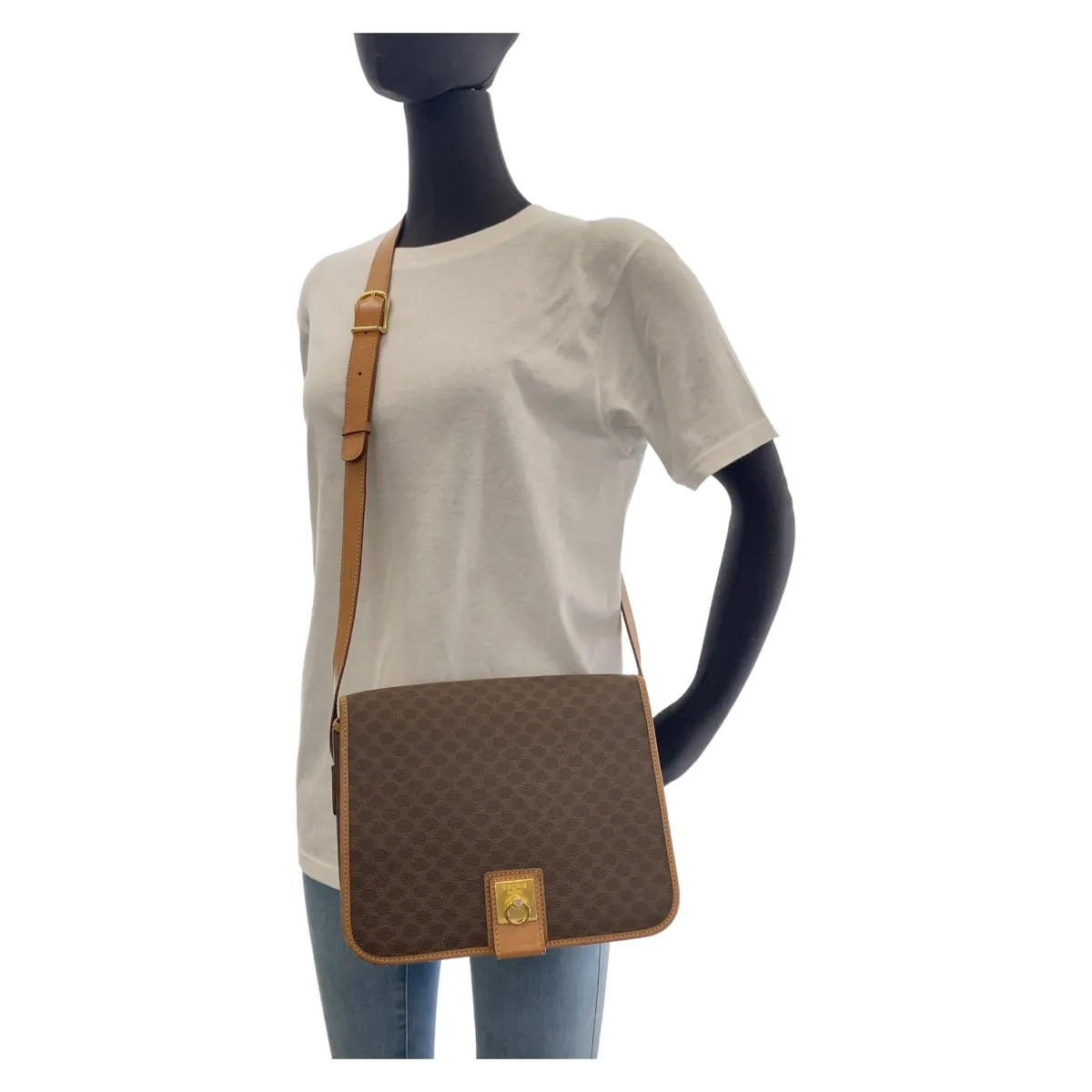 CELINE Shoulder Bag PVC, Leather Brown Gold Metal Crossbody Shoulder Bag Macadam Women Used