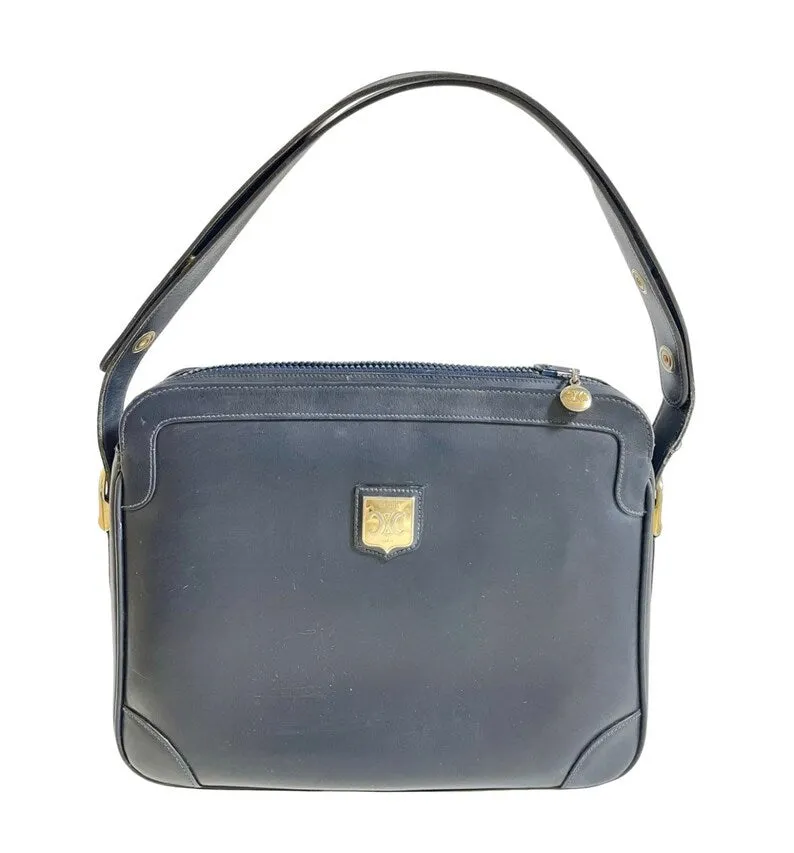 Celine Vintage navy genuine leather shoulder bag with golden triomphe logo