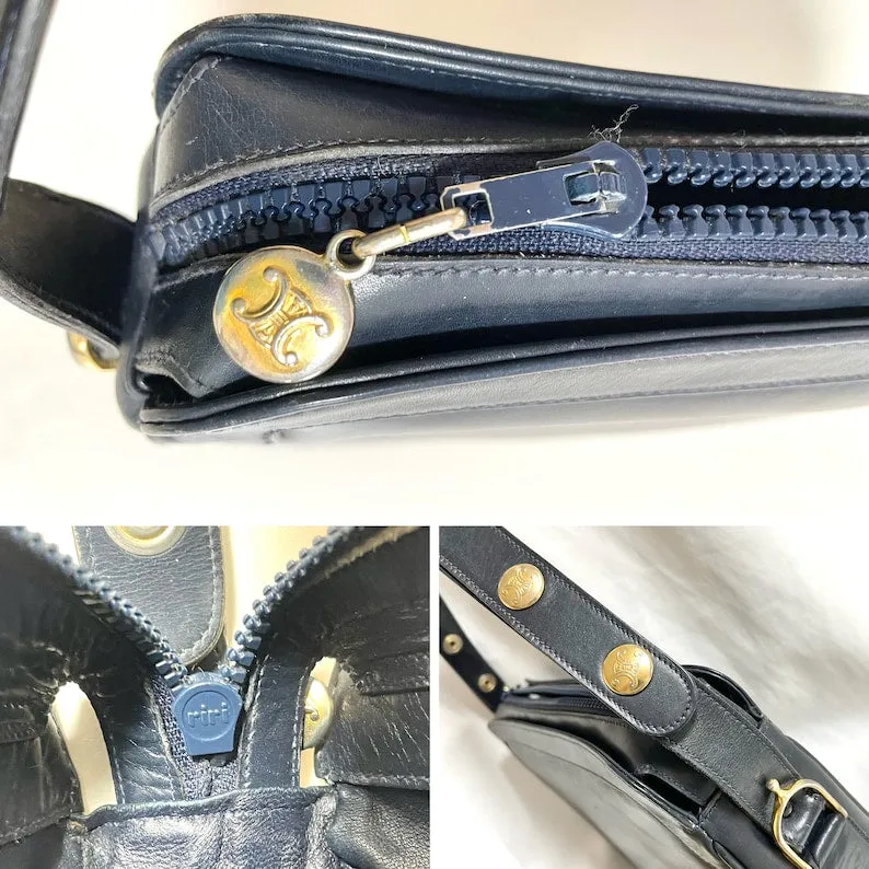 Celine Vintage navy genuine leather shoulder bag with golden triomphe logo