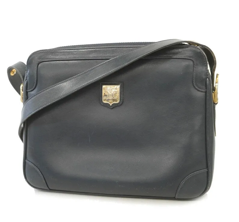 Celine Vintage navy genuine leather shoulder bag with golden triomphe logo