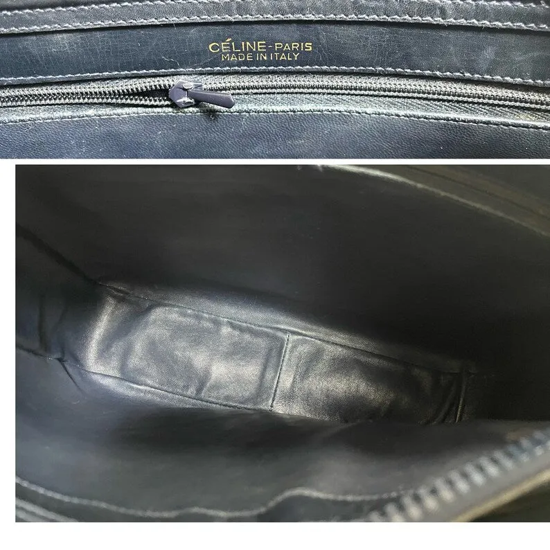 Celine Vintage navy genuine leather shoulder bag with golden triomphe logo