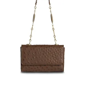 Chain & Jewel Shoulder Bag, Mini -Brown , Gemstone Accents