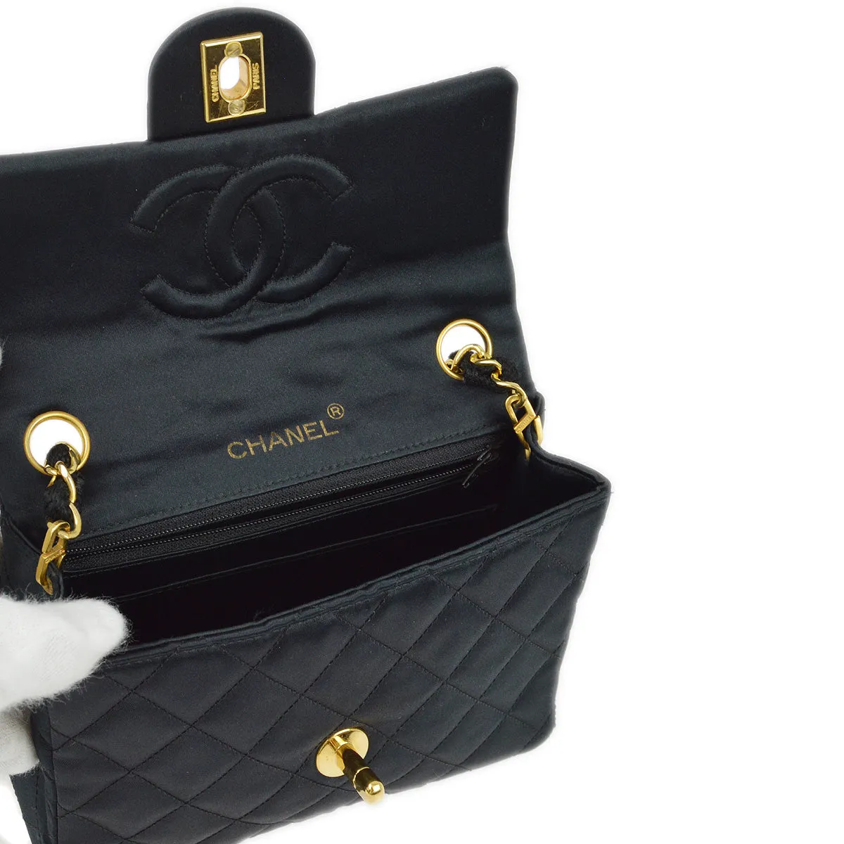Chanel 1986-1888 Black Satin Mini Classic Square Flap Shoulder Bag 17
