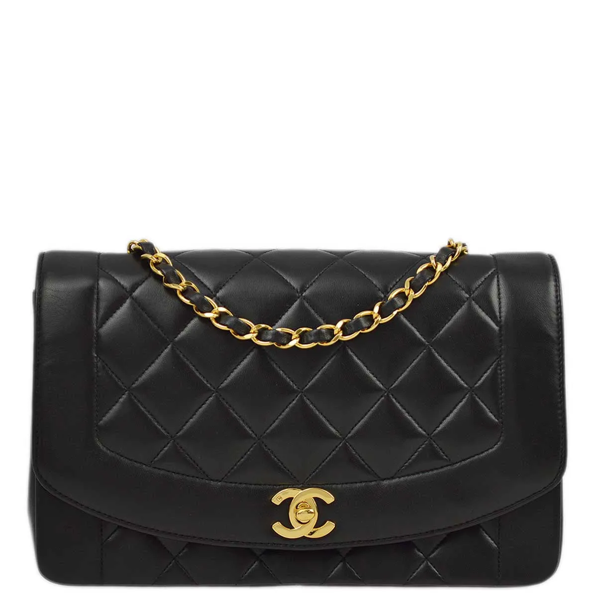Chanel 1991-1994 Black Lambskin Medium Diana Shoulder Bag