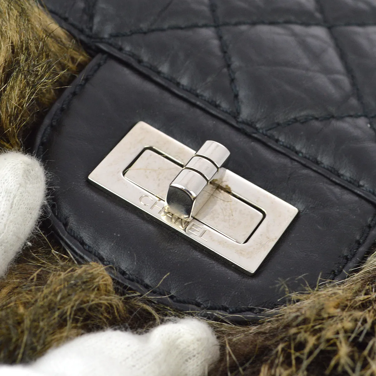 Chanel * 2009-2010 Black Calfskin Fur 2way Shoulder Tote Handbag