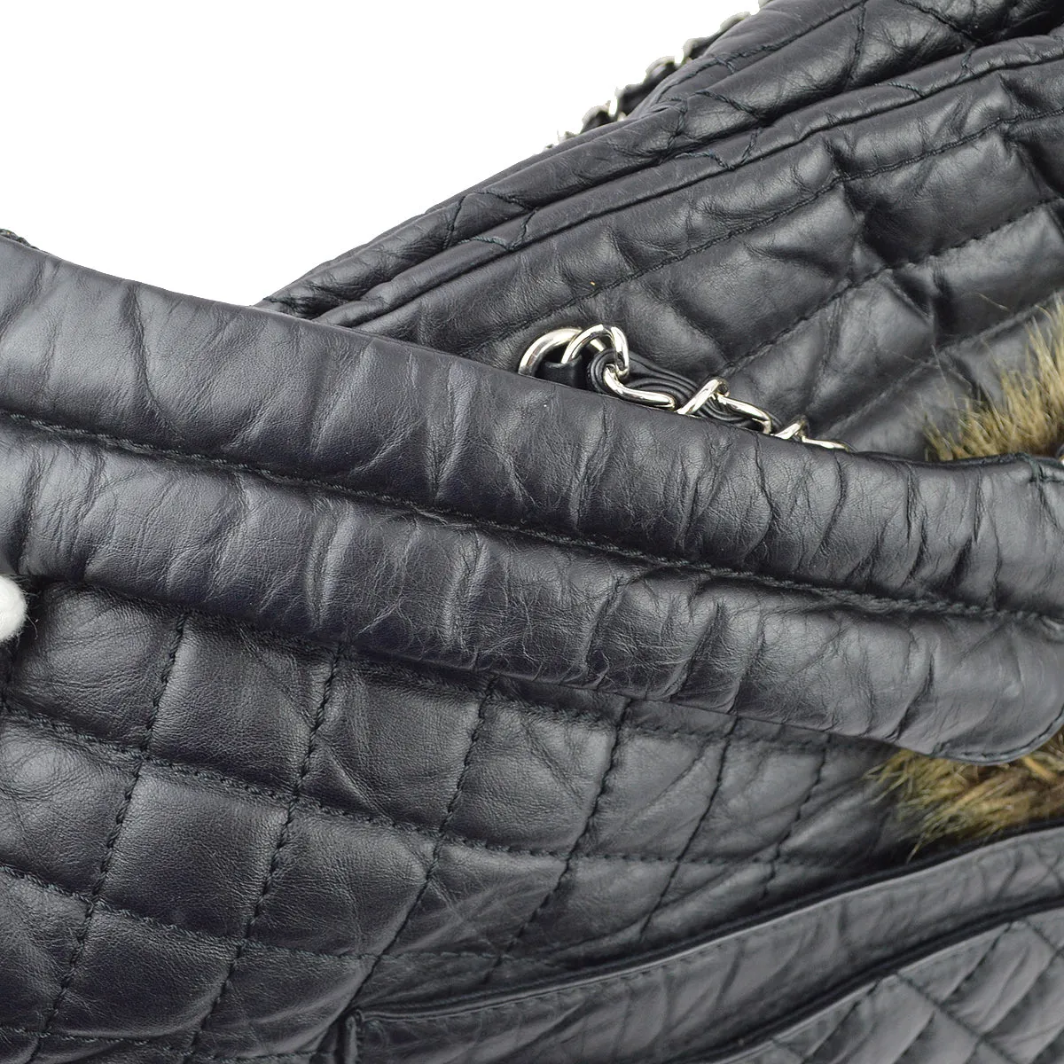 Chanel * 2009-2010 Black Calfskin Fur 2way Shoulder Tote Handbag