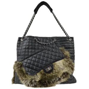 Chanel * 2009-2010 Black Calfskin Fur 2way Shoulder Tote Handbag