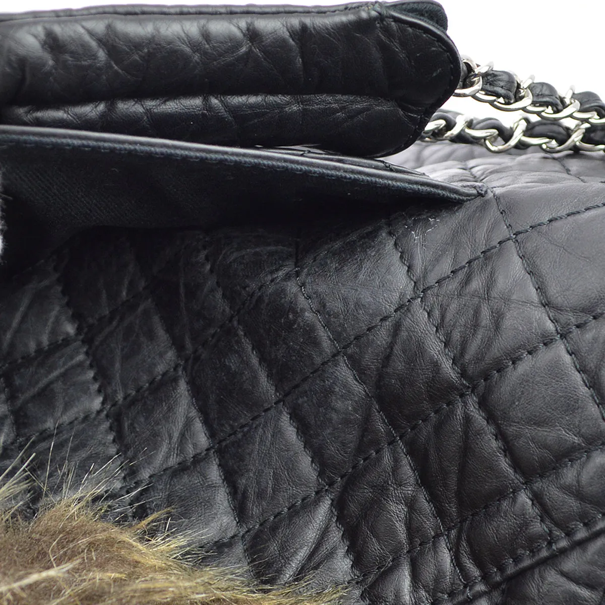 Chanel * 2009-2010 Black Calfskin Fur 2way Shoulder Tote Handbag