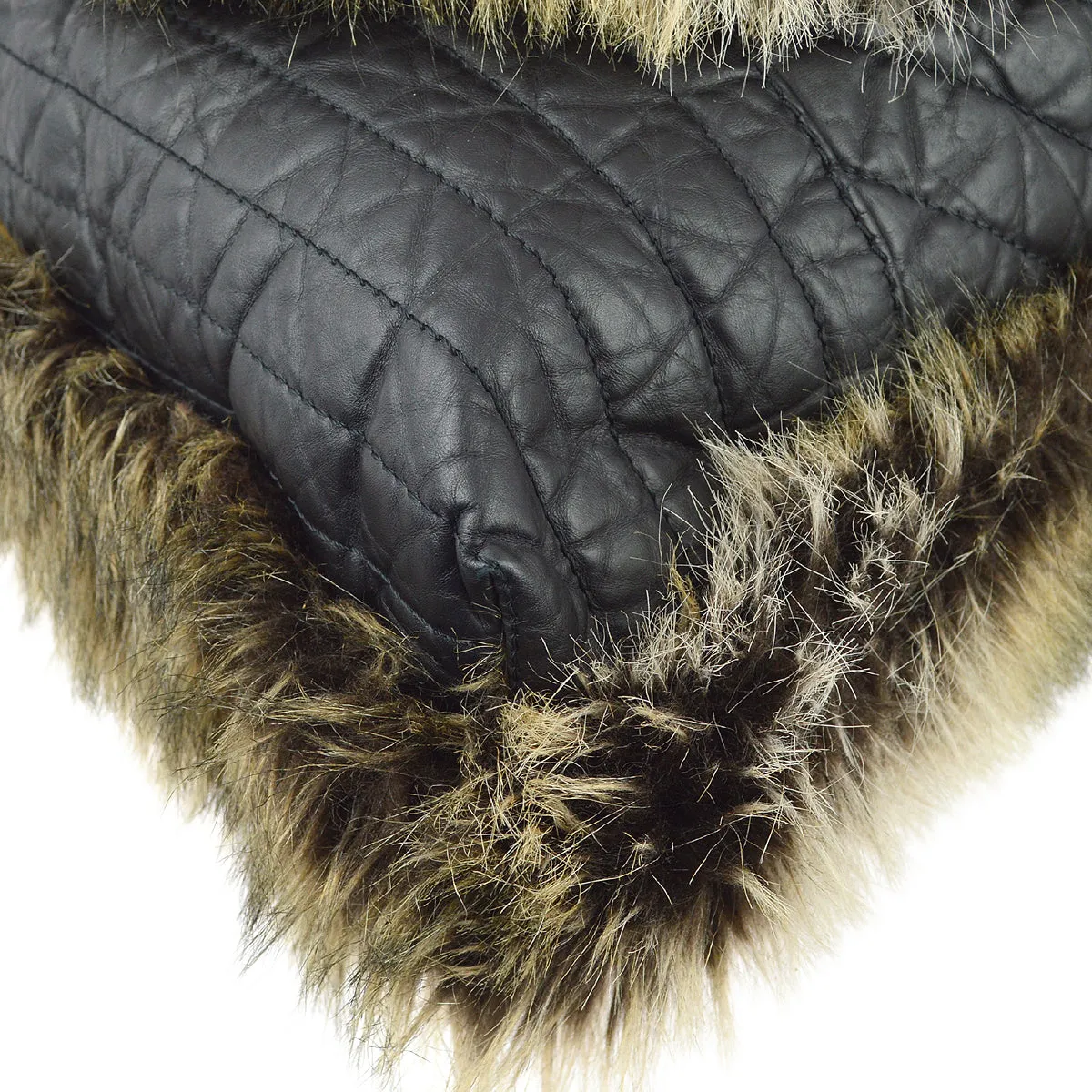 Chanel * 2009-2010 Black Calfskin Fur 2way Shoulder Tote Handbag