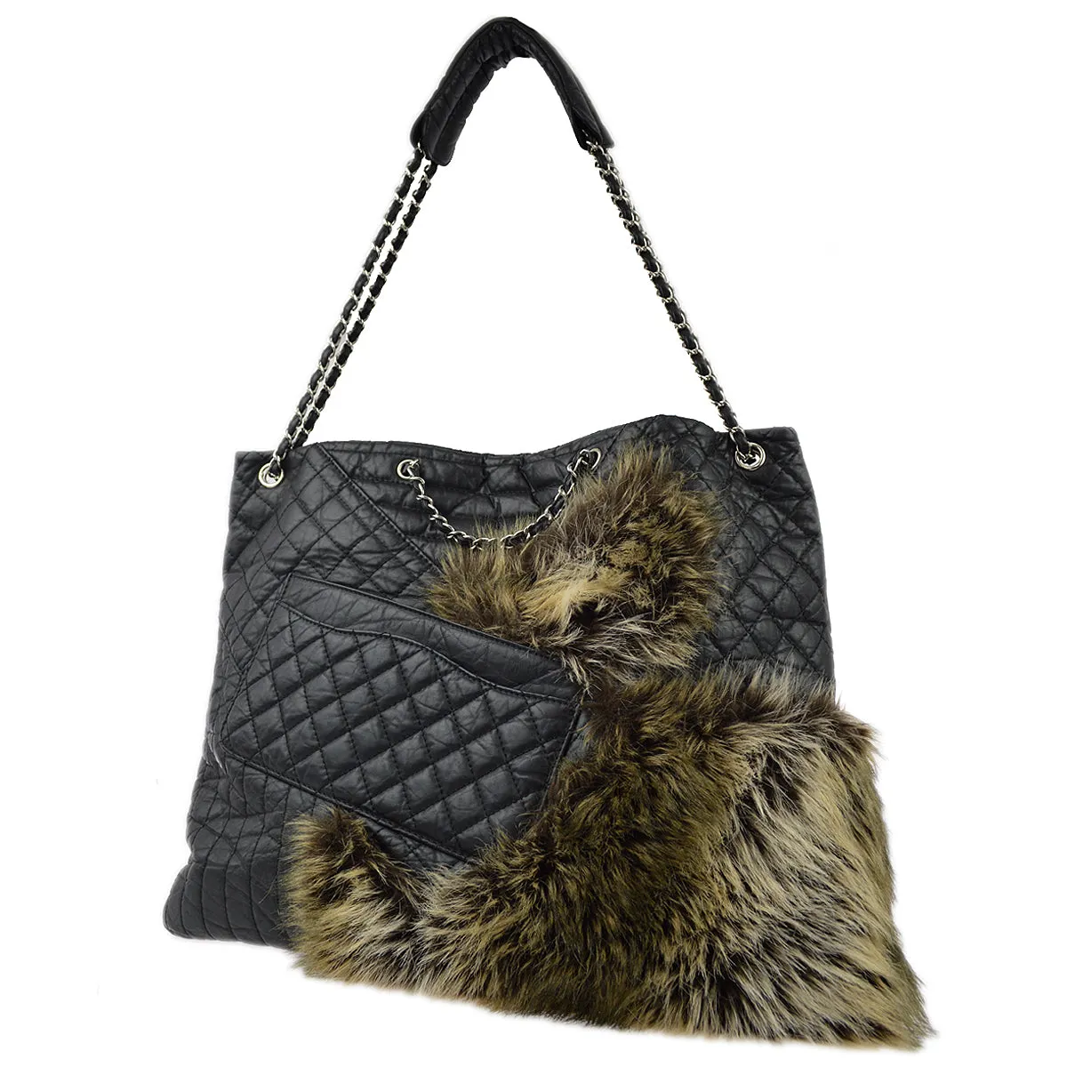 Chanel * 2009-2010 Black Calfskin Fur 2way Shoulder Tote Handbag