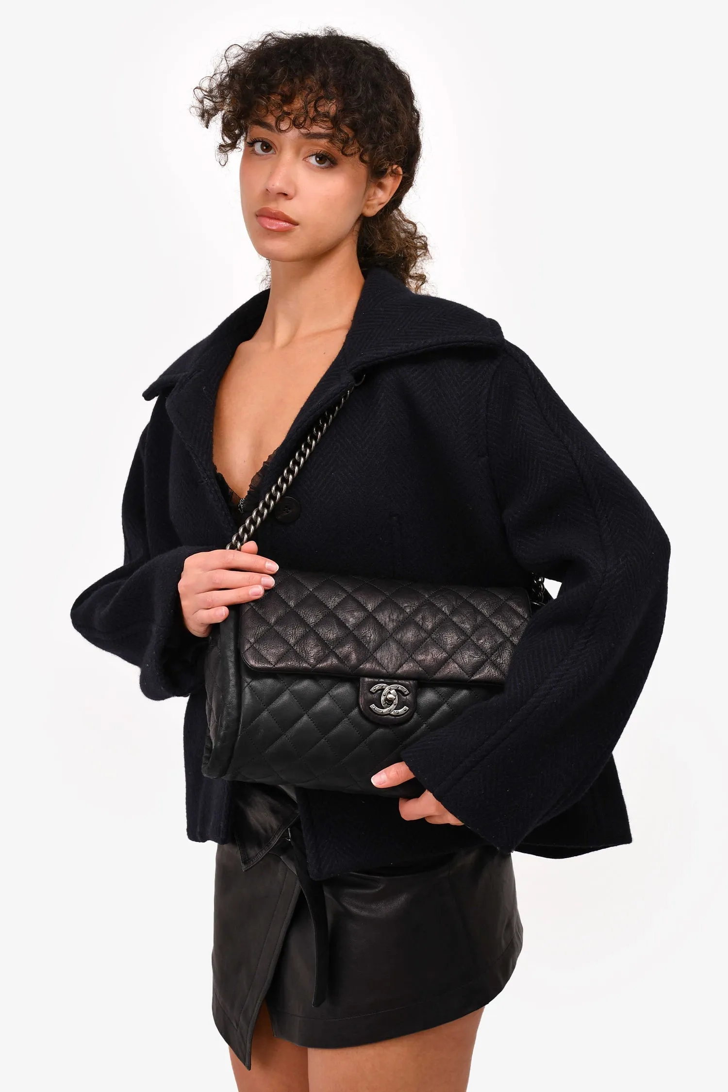 Chanel? 2014 Black/Green Washed Lambskin Quilted Studded CC Flap Shoulder Bag