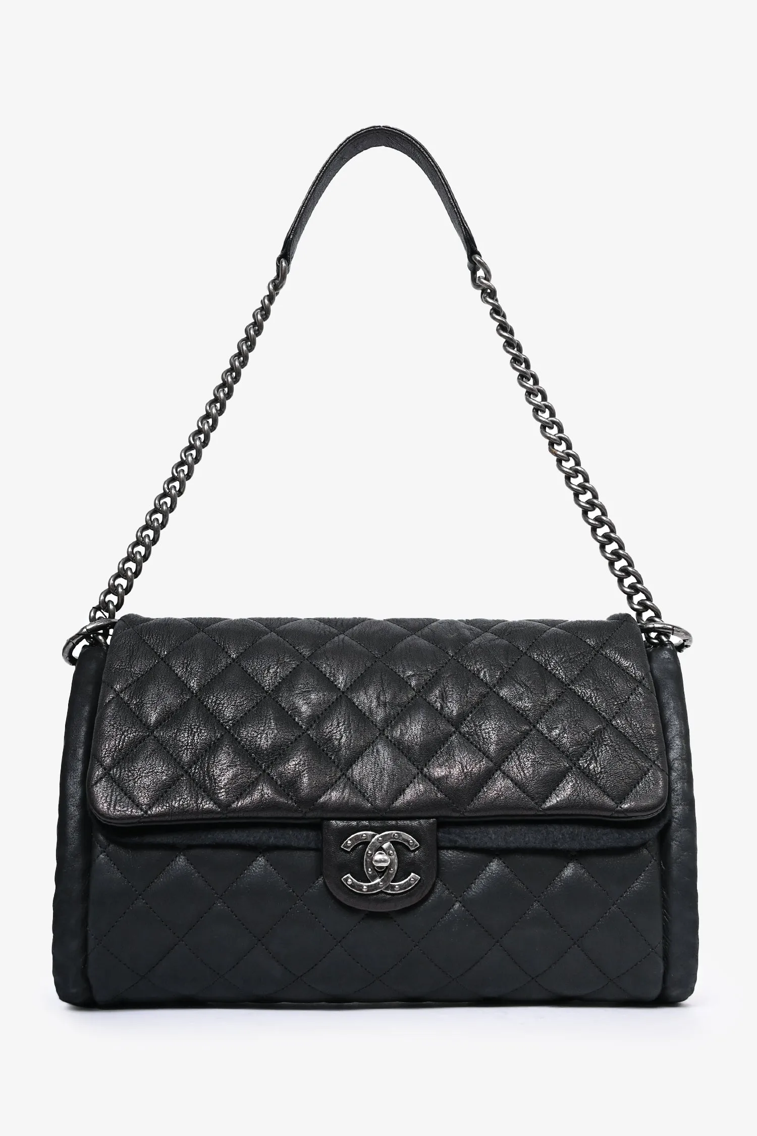 Chanel? 2014 Black/Green Washed Lambskin Quilted Studded CC Flap Shoulder Bag