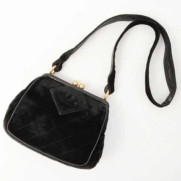 Chanel Around 1990 Made Velour Cc Mark Stitch Metal Clasp Shoulder Bag Black