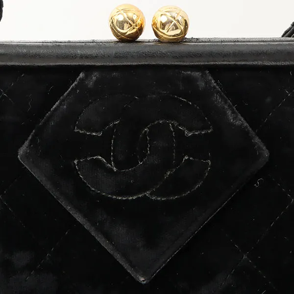 Chanel Around 1990 Made Velour Cc Mark Stitch Metal Clasp Shoulder Bag Black