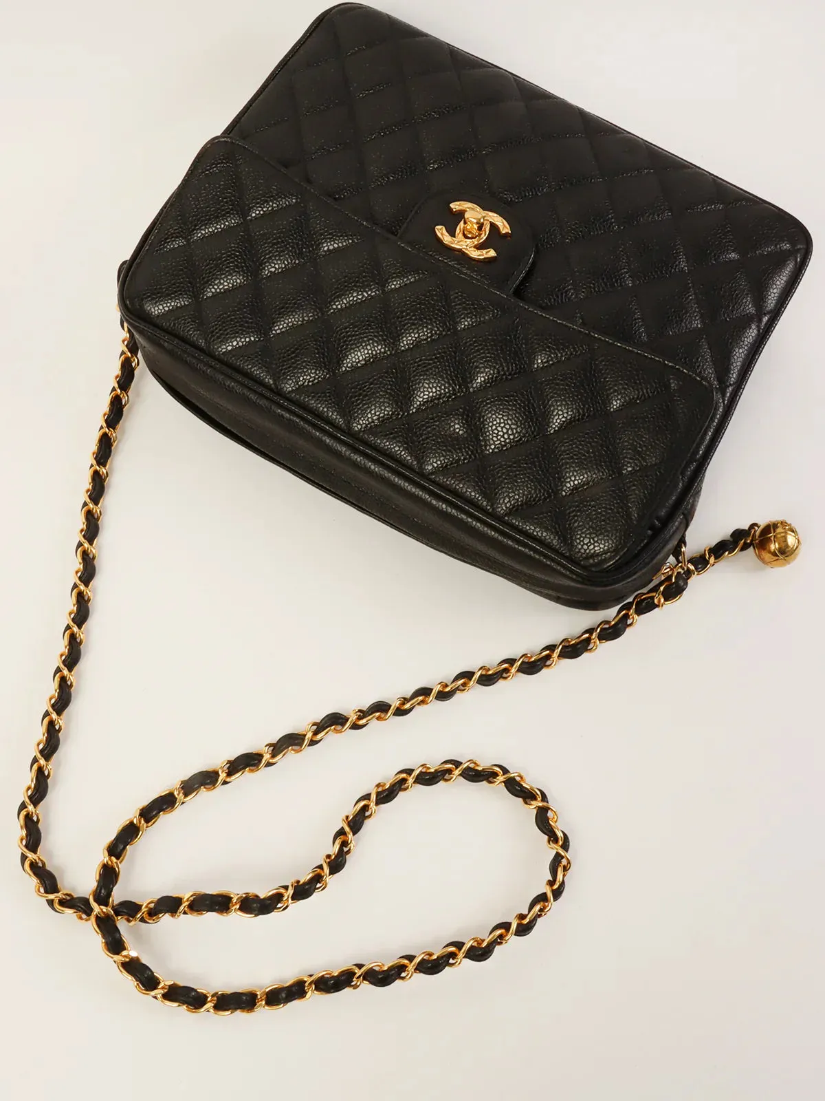 CHANEL Around 1995 Made Caviar Skin Turn-Lock Ball Charm Shoulder Bag Black