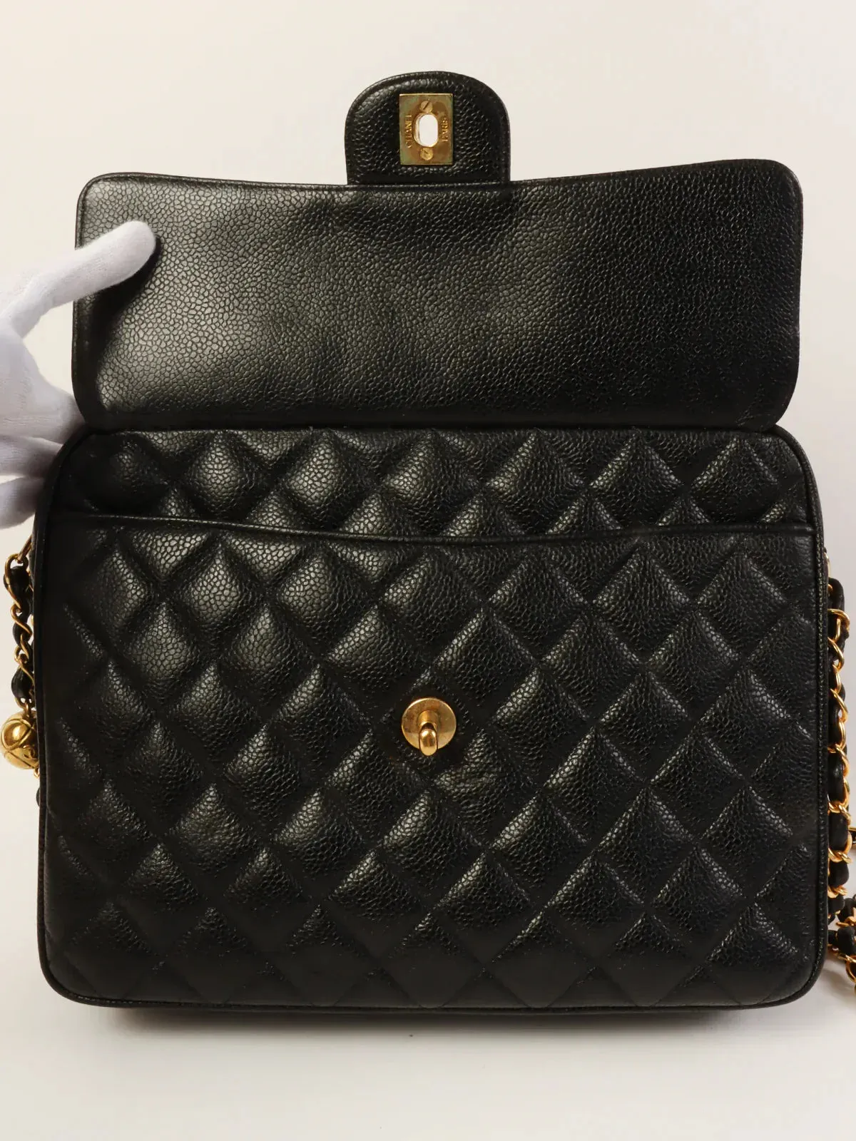 CHANEL Around 1995 Made Caviar Skin Turn-Lock Ball Charm Shoulder Bag Black