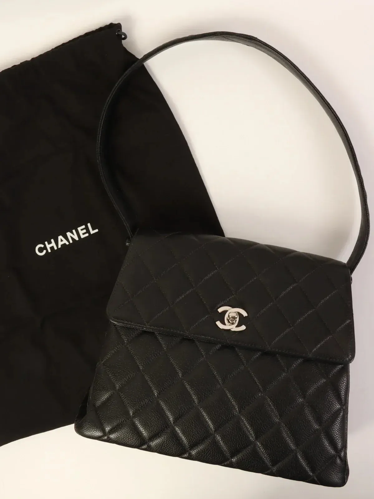 CHANEL Around 1997 Made Caviar Skin Turn-Lock Shoulder Bag Black