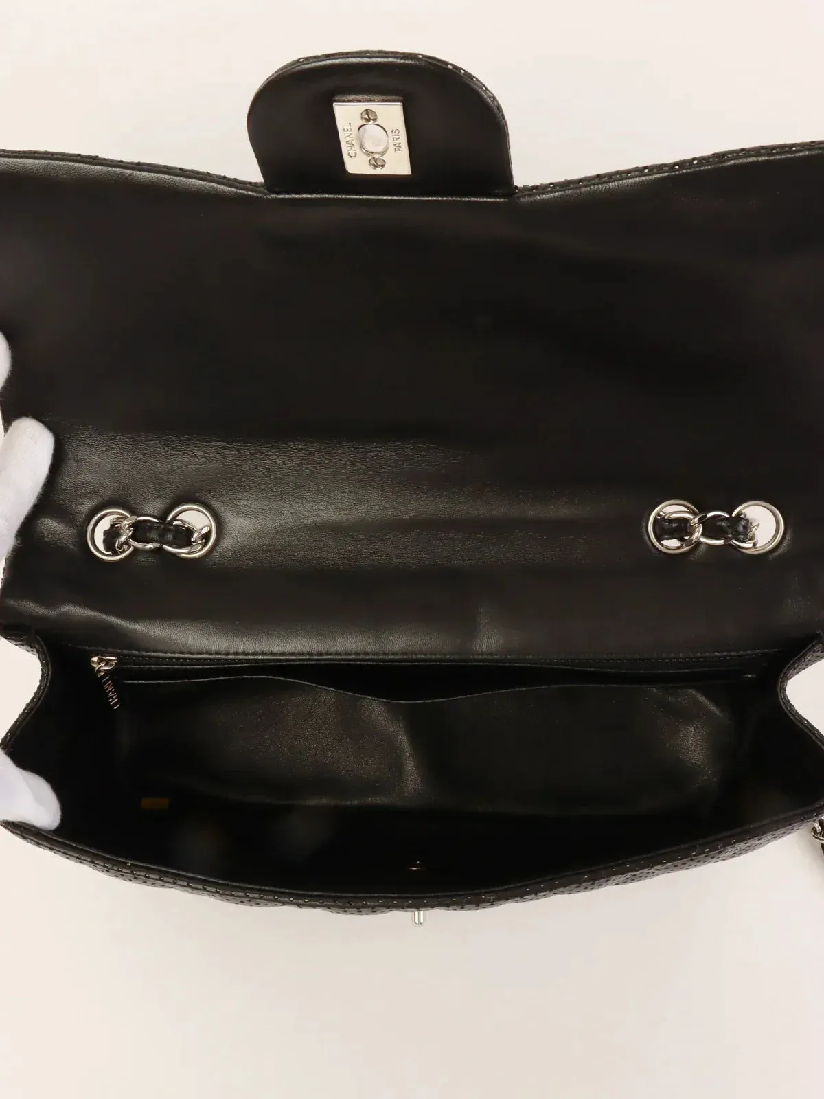 CHANEL Around 2007 Punching Leather Turn-Lock Chain Shoulder Bag Black