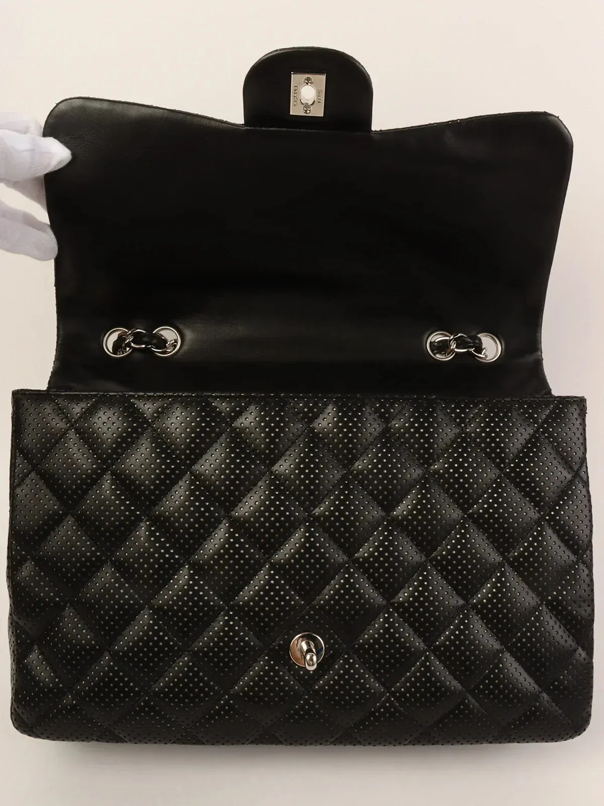 CHANEL Around 2007 Punching Leather Turn-Lock Chain Shoulder Bag Black