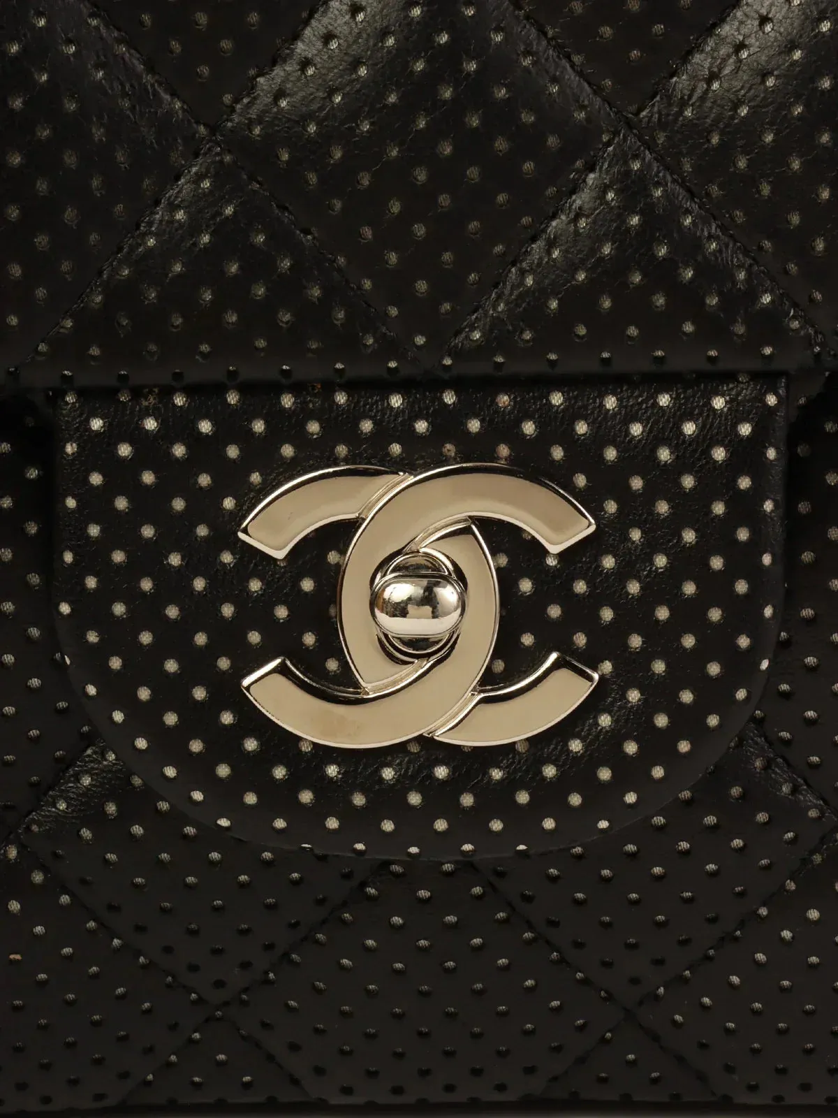 CHANEL Around 2007 Punching Leather Turn-Lock Chain Shoulder Bag Black