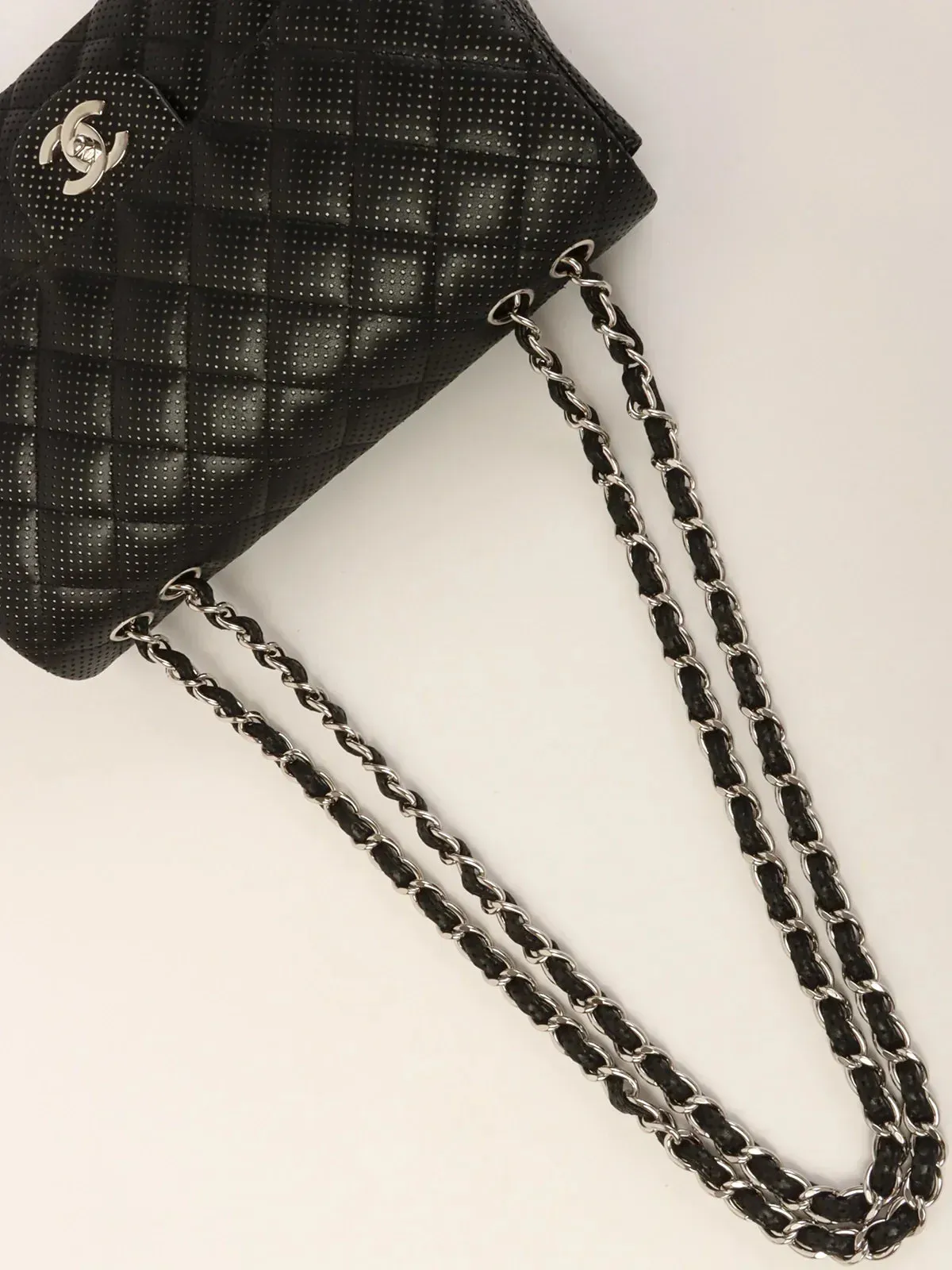 CHANEL Around 2007 Punching Leather Turn-Lock Chain Shoulder Bag Black