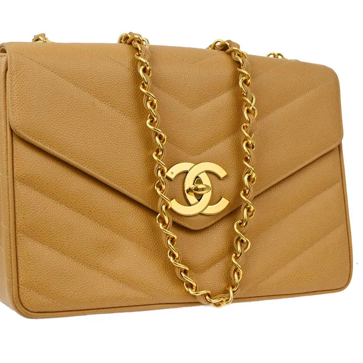 Chanel Beige Caviar Chevron Chain Shoulder Bag