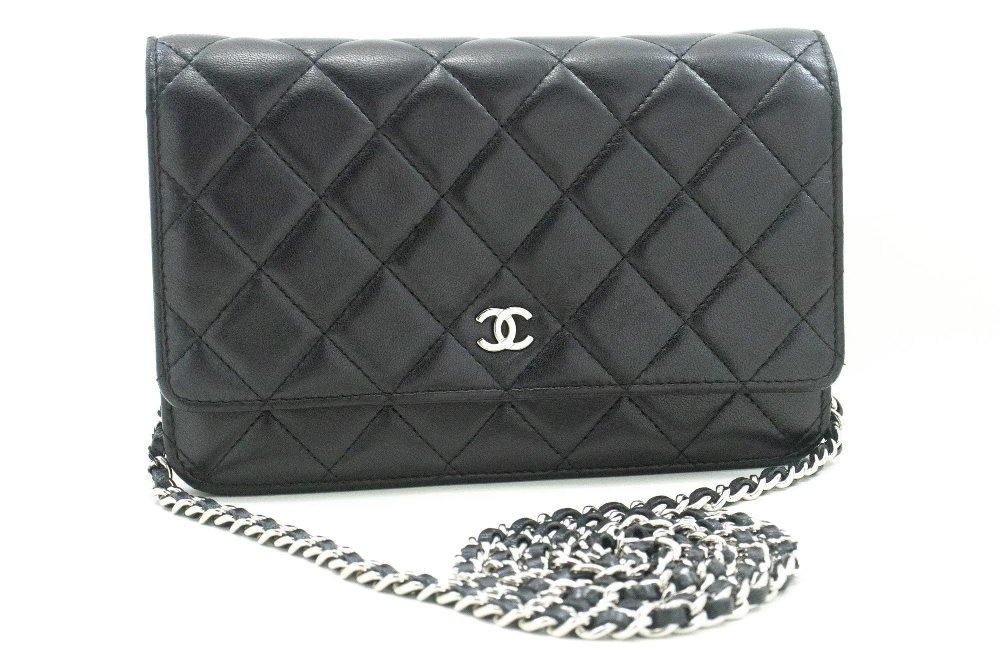 CHANEL Black Classic Wallet On Chain WOC Shoulder Bag Lambskin SV