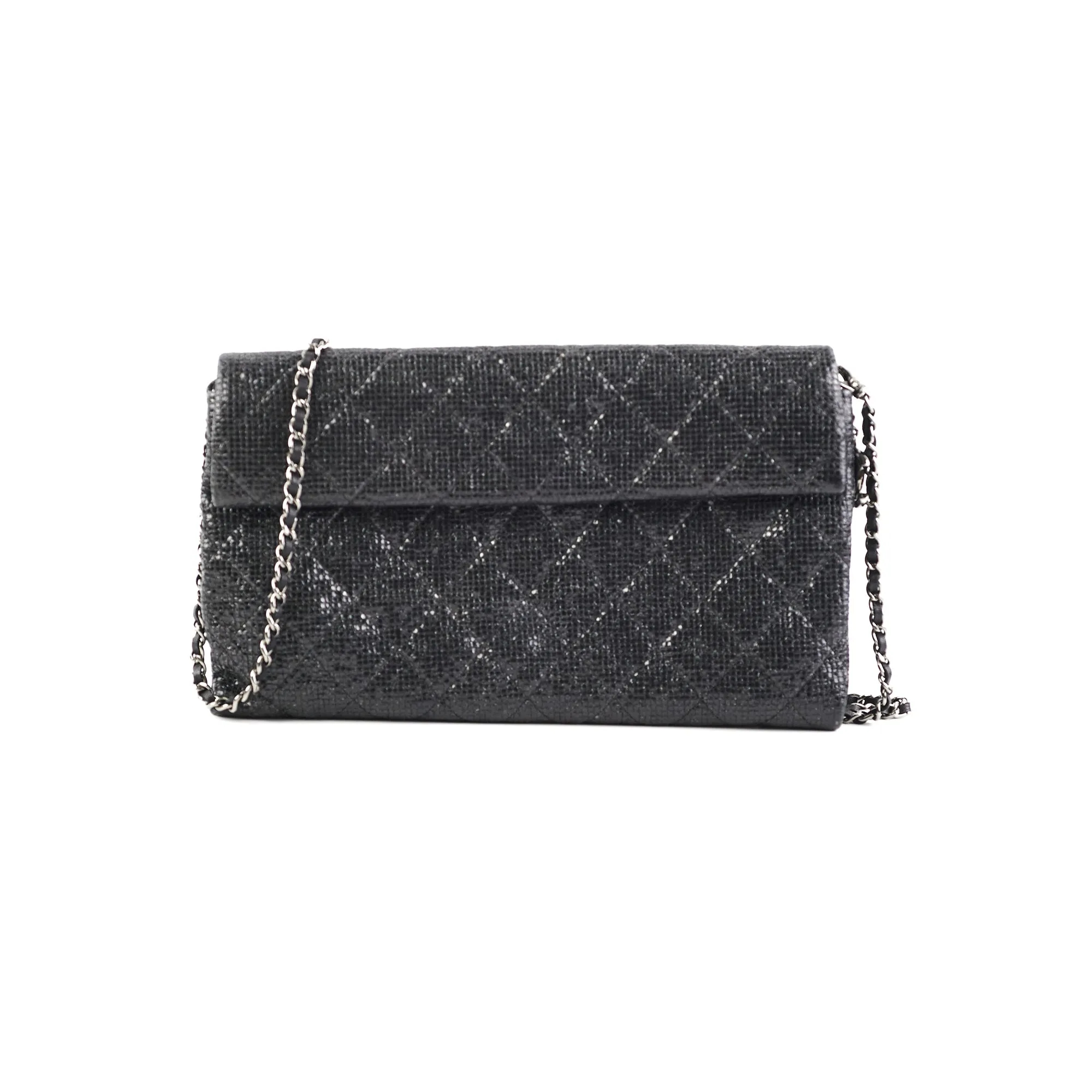 Chanel Black Glittered Calfskin Chain Crossbody Shoulder Bag Wallet Black