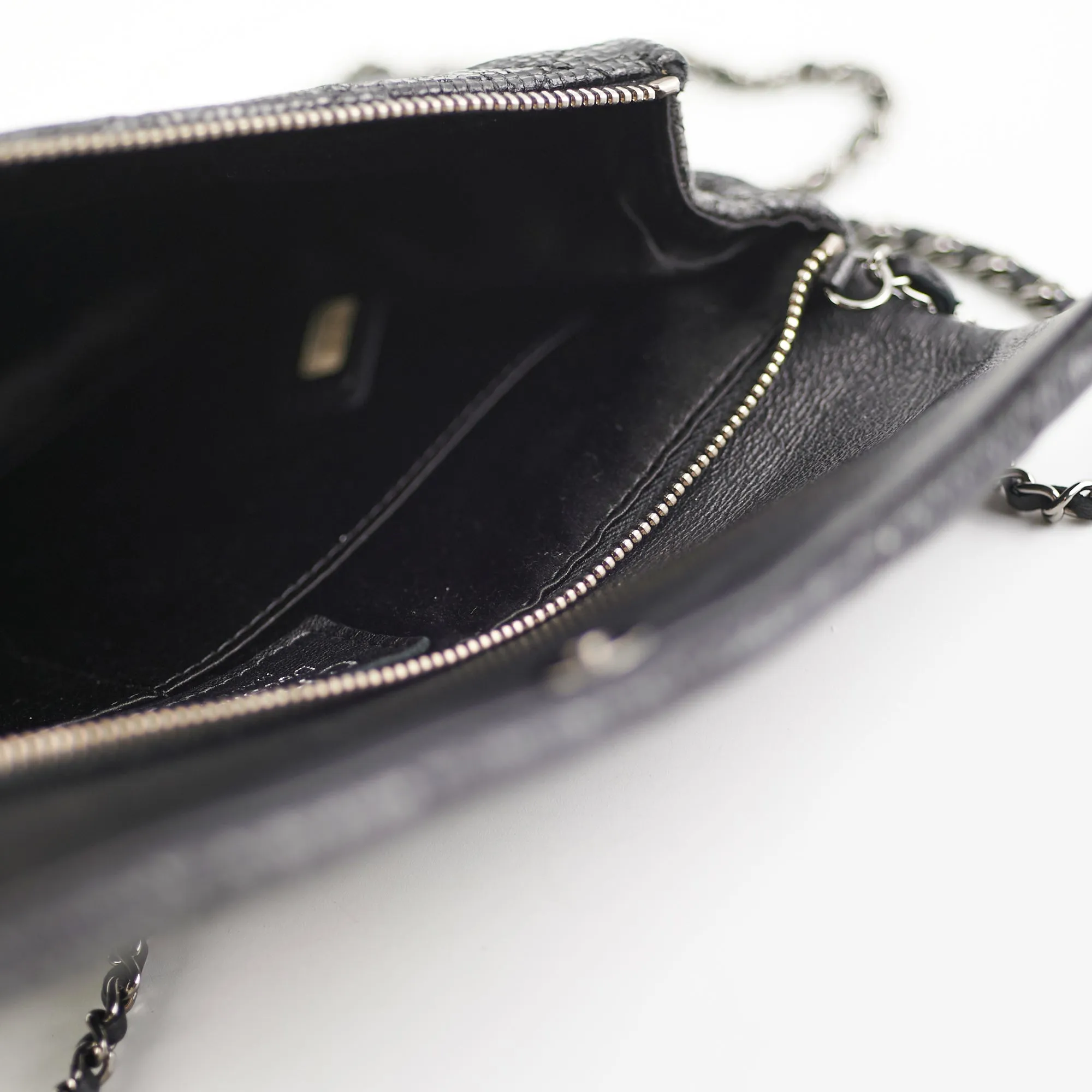 Chanel Black Glittered Calfskin Chain Crossbody Shoulder Bag Wallet Black