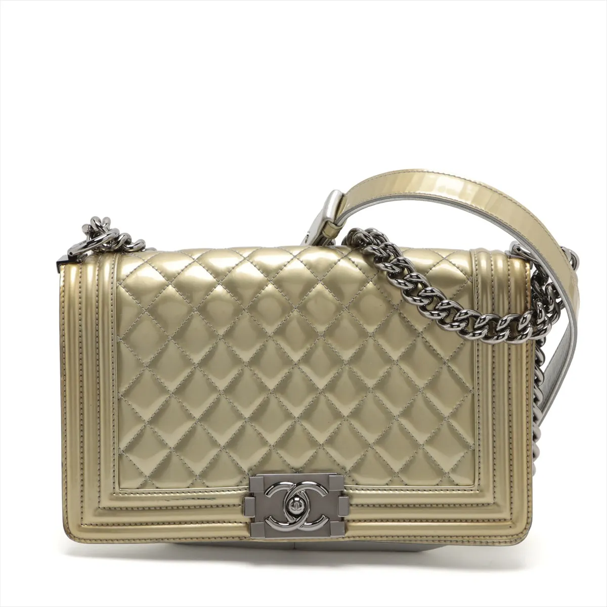 Chanel Boy Chanel 25 Patent Leather Chain Shoulder Bag G x Silver Silver  17 A67086