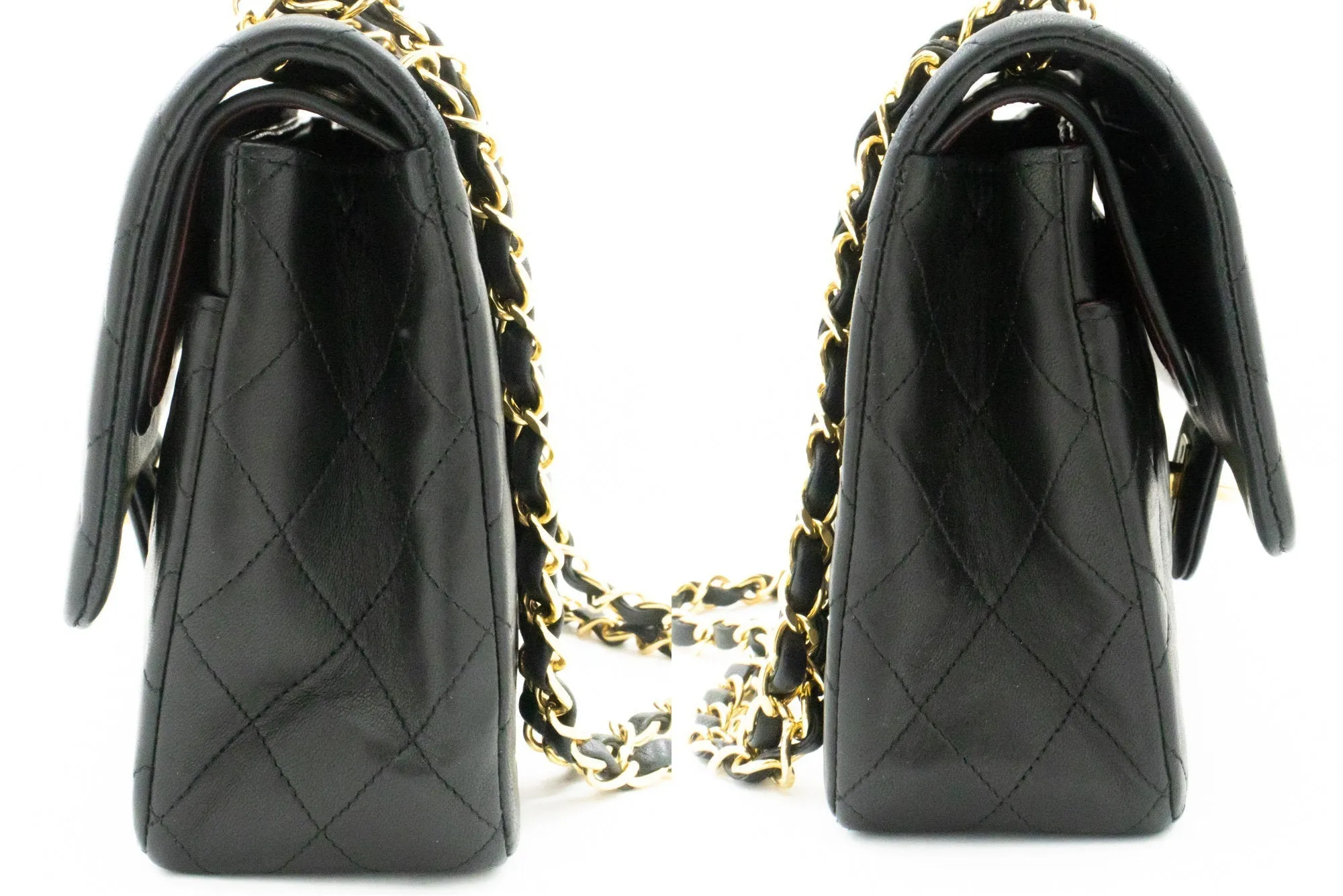 CHANEL Classic Double Flap 10" Chain Shoulder Bag Black Lambskin k62