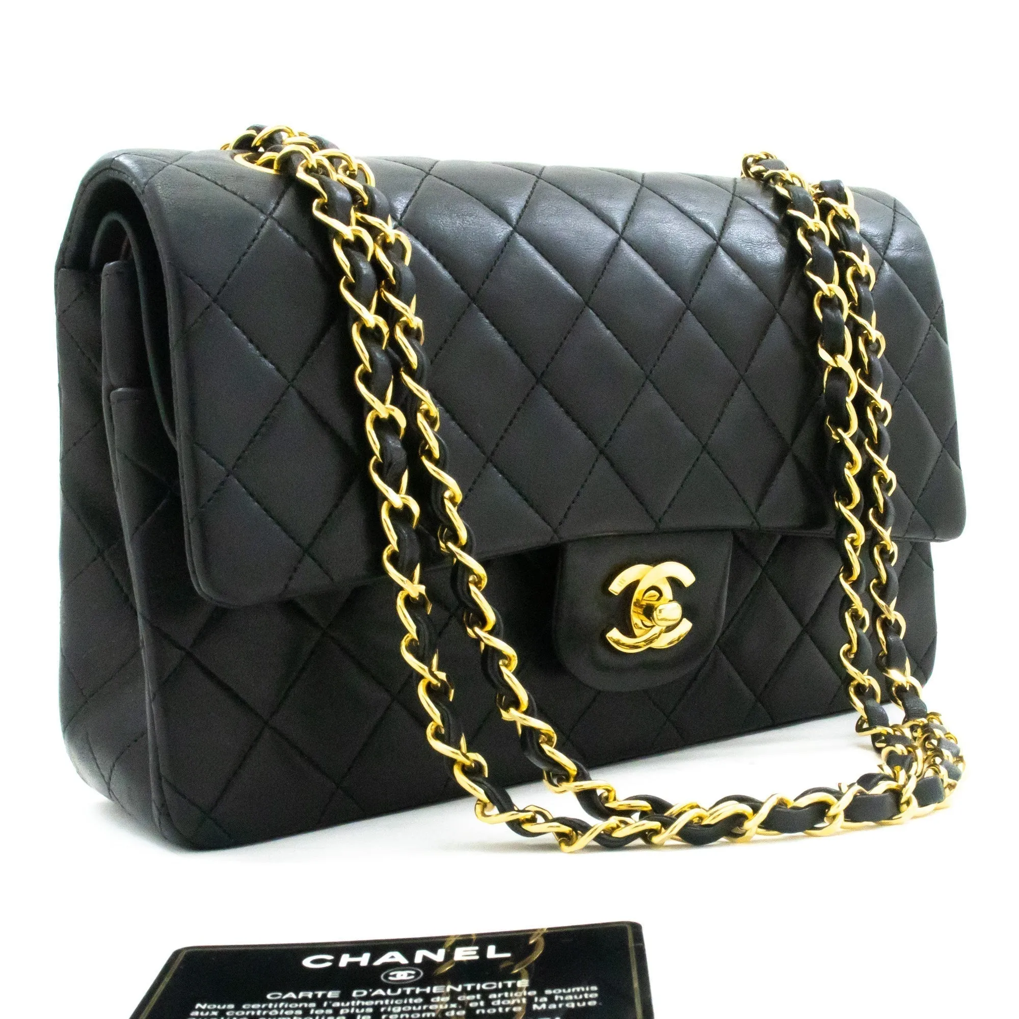 CHANEL Classic Double Flap 10" Chain Shoulder Bag Black Lambskin k62