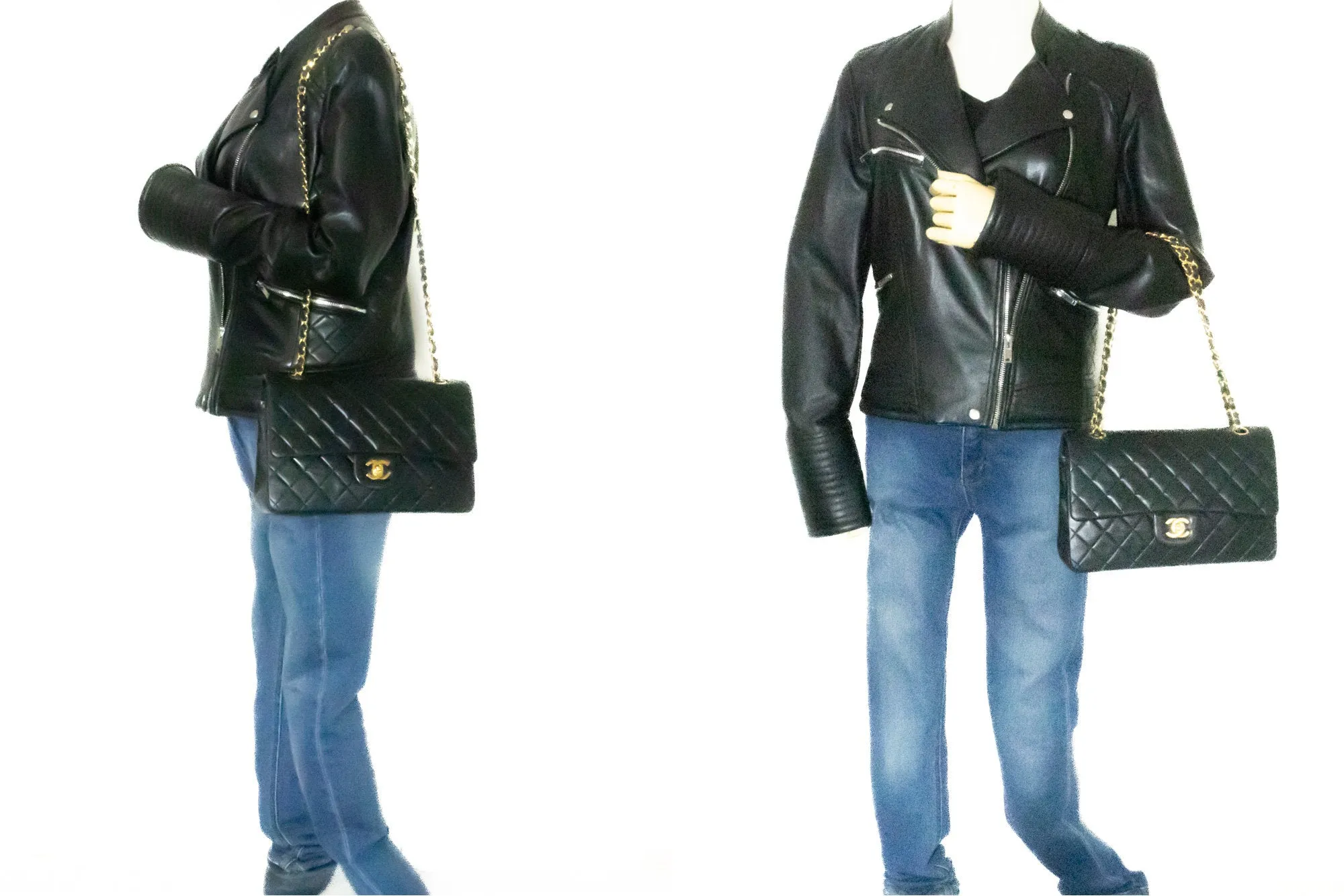 CHANEL Classic Double Flap 10" Chain Shoulder Bag Black Lambskin k62