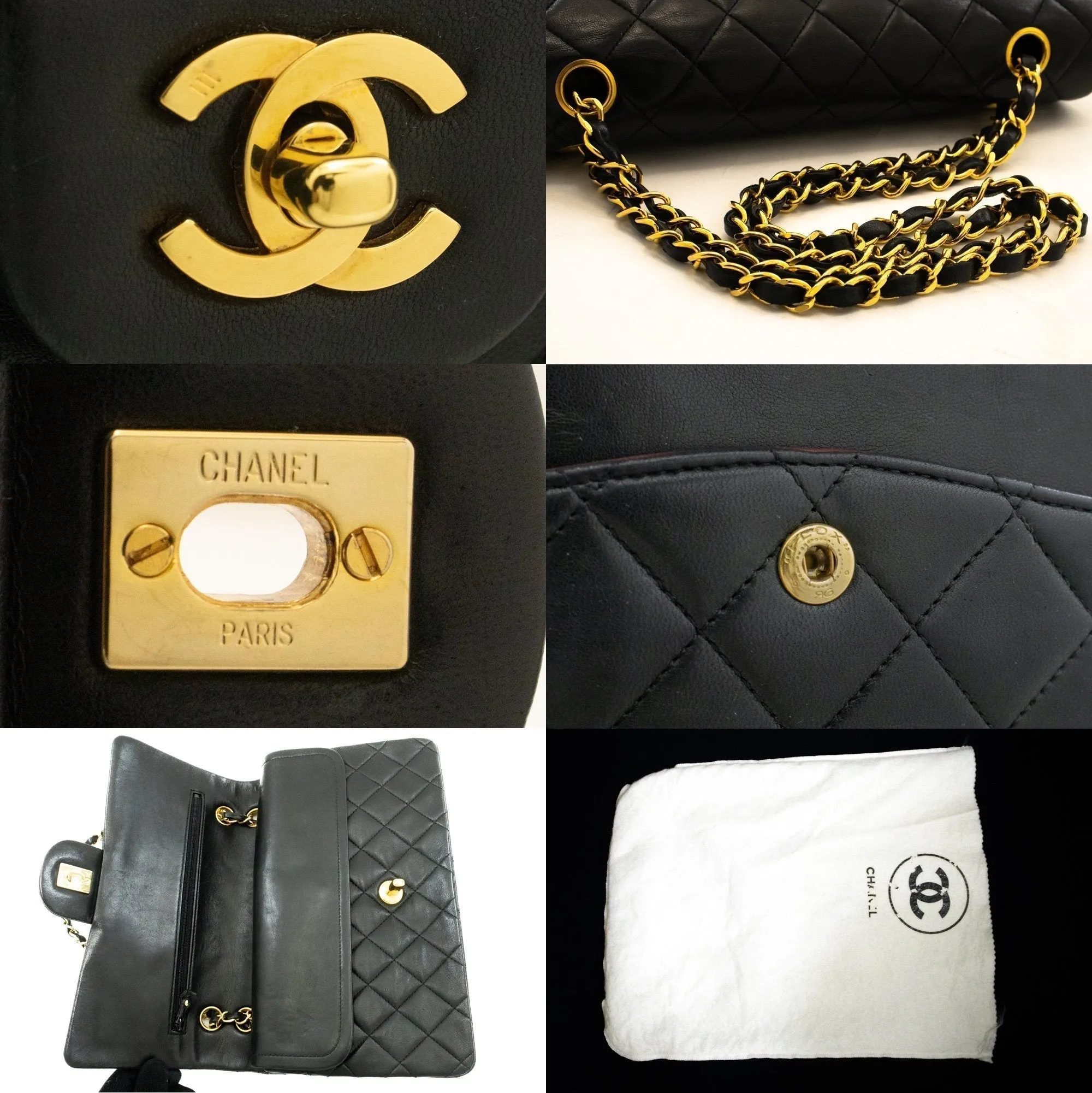 CHANEL Classic Double Flap 10" Chain Shoulder Bag Black Lambskin k62