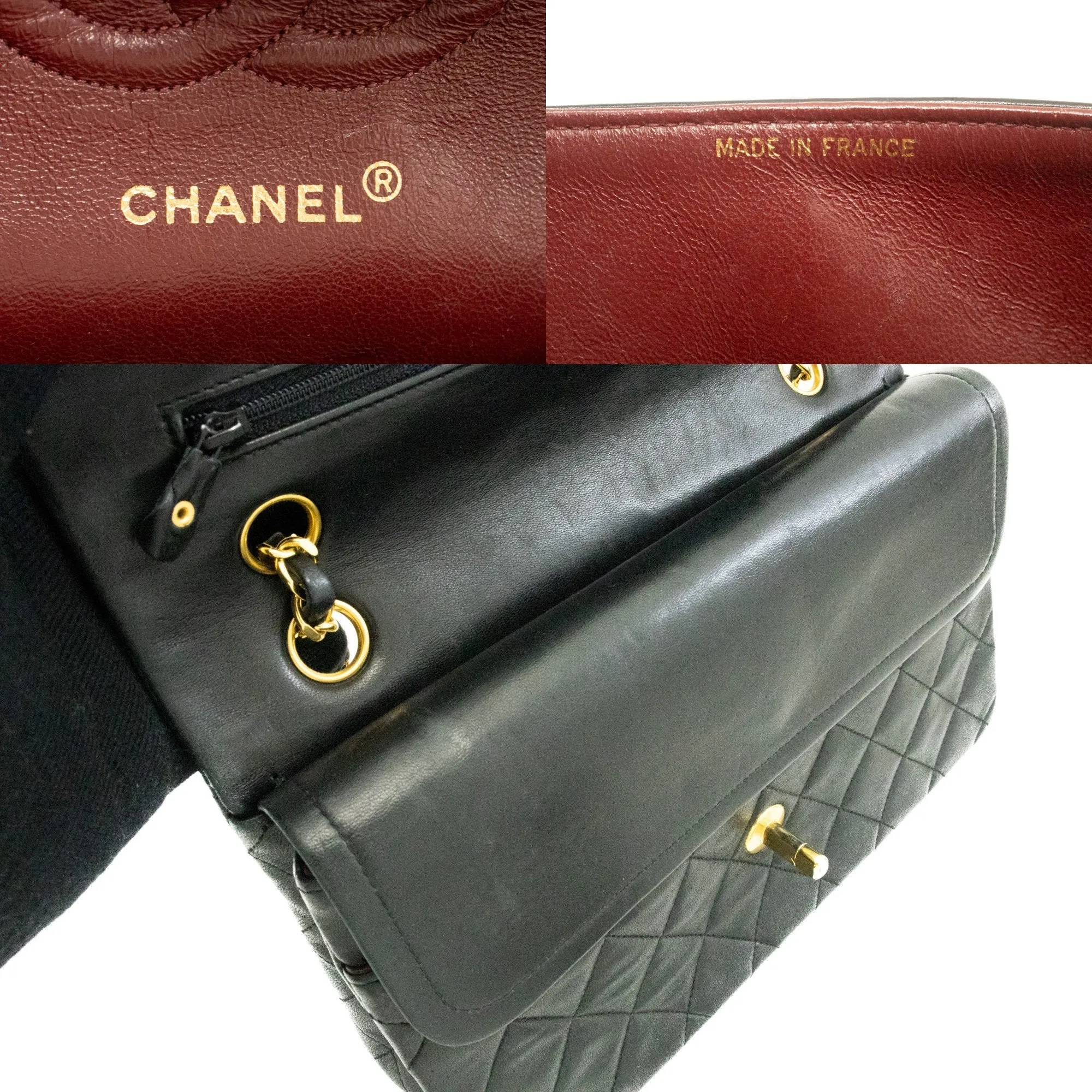 CHANEL Classic Double Flap 10" Chain Shoulder Bag Black Lambskin k62