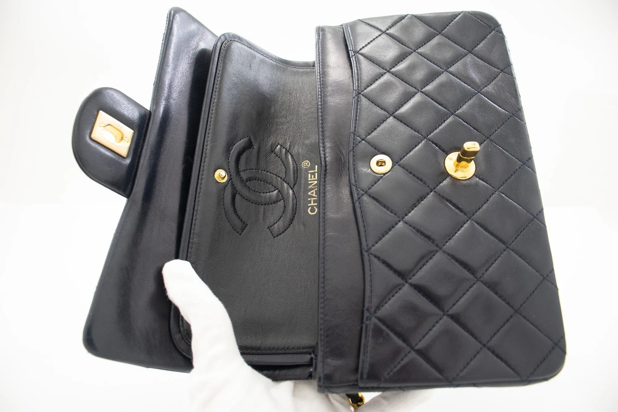 CHANEL Classic Double Flap 9" Chain Shoulder Bag Navy Lambskin g71