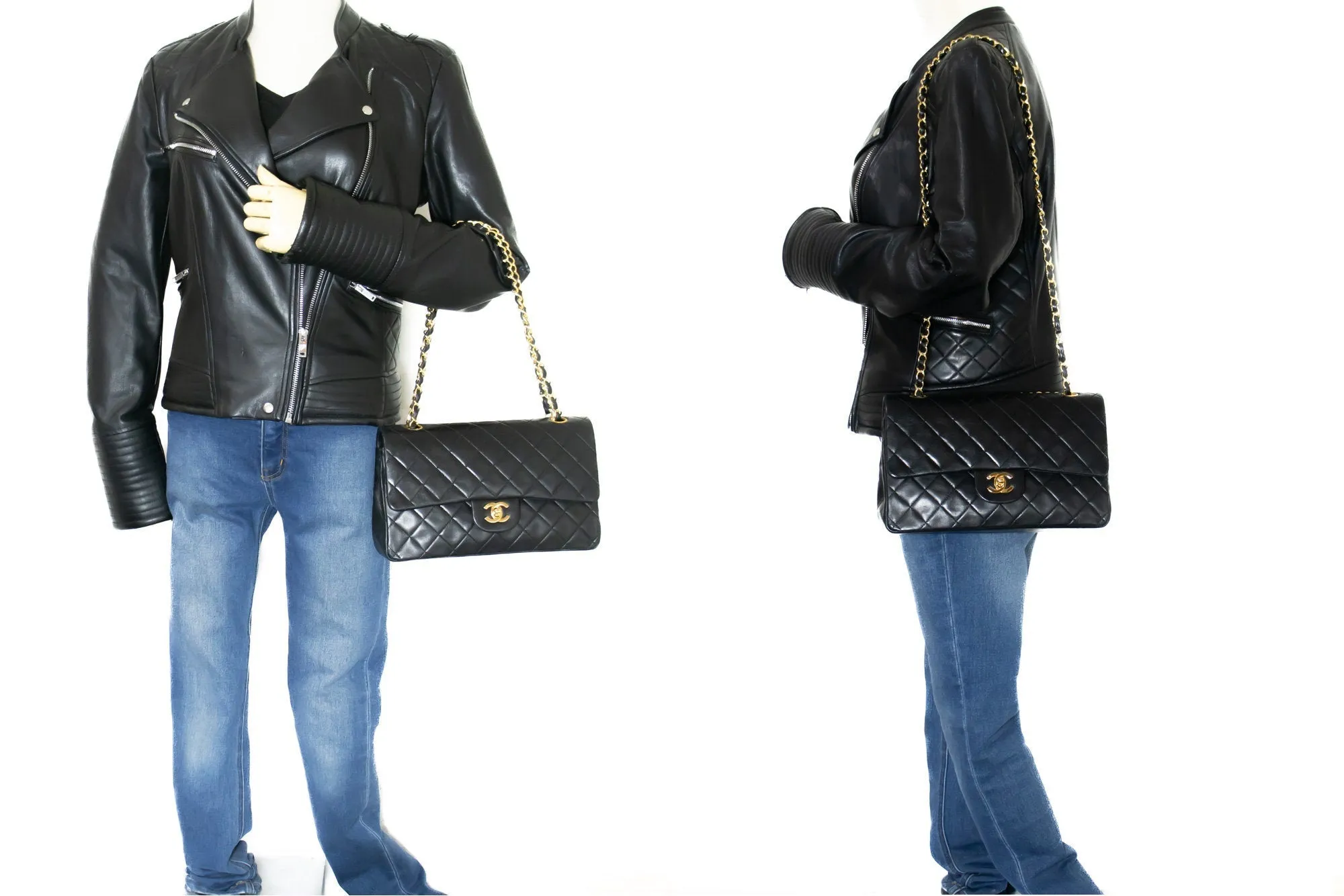 CHANEL Classic Double Flap Medium Chain Shoulder Bag Black Lamb k70
