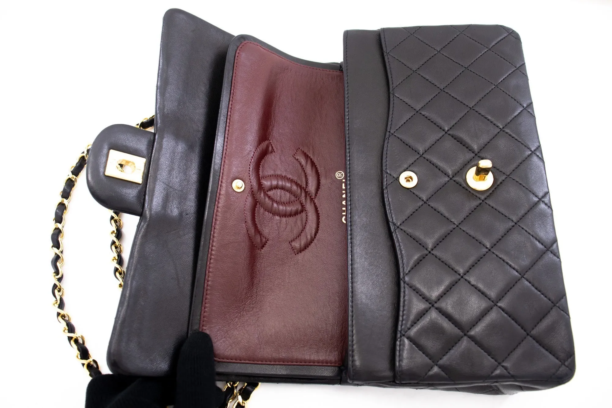 CHANEL Classic Double Flap Medium Chain Shoulder Bag Black Lamb k70