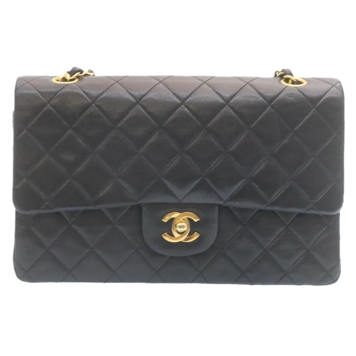 CHANEL Classic Matelasse 25 Chain Flap Shoulder Bag Lamb Skin Black Auth 29001A