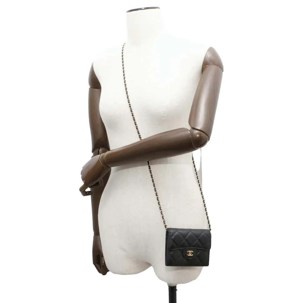 CHANEL Matelasse ChainShoulder Card Case Black AP0238 Caviar Leather