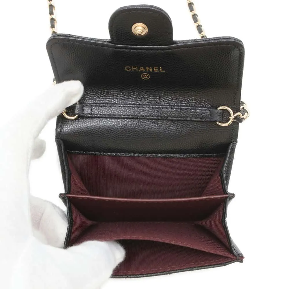 CHANEL Matelasse ChainShoulder Card Case Black AP0238 Caviar Leather