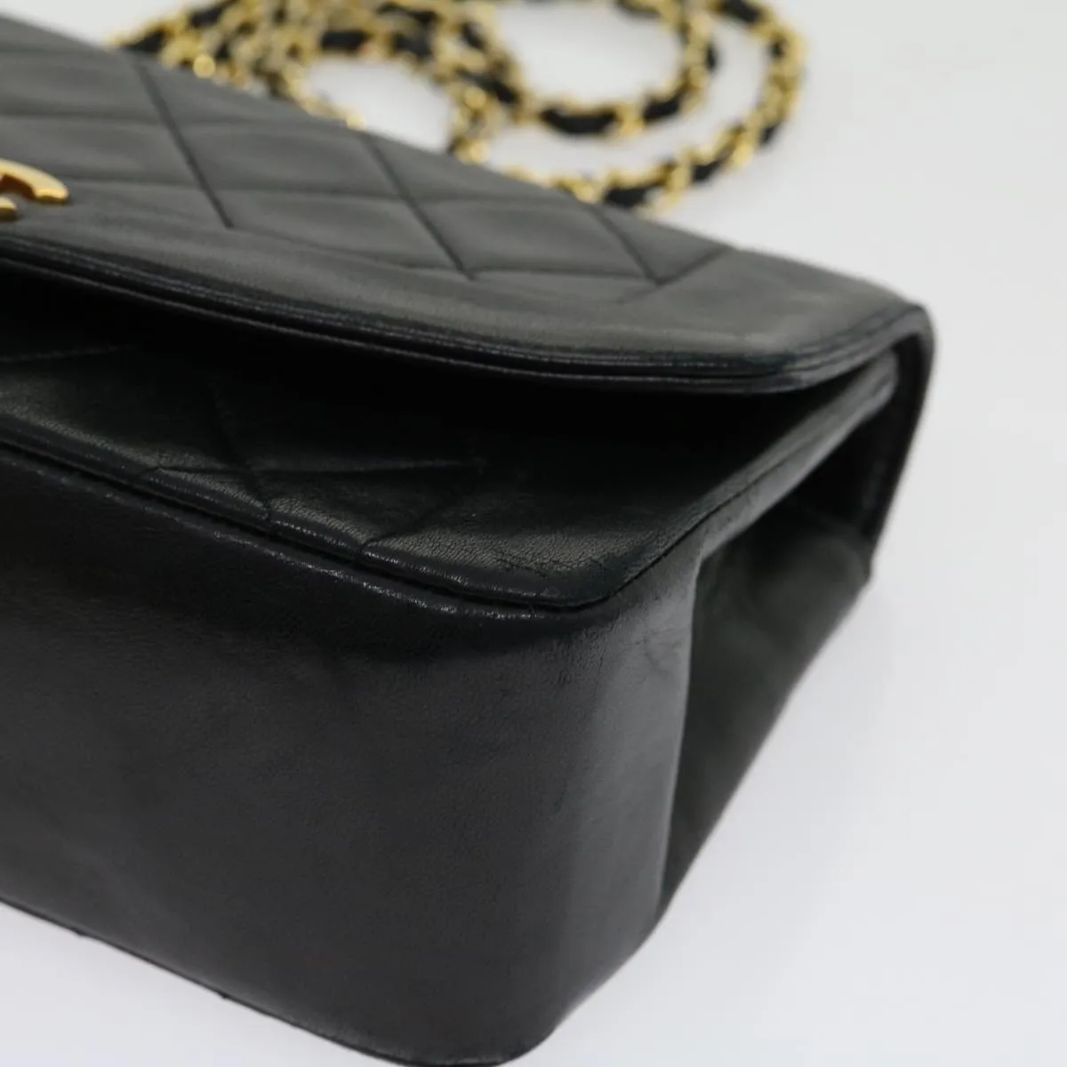 CHANEL Matelasse Diana Turn Lock Chain Shoulder Bag Lamb Skin Black Auth ar7368A