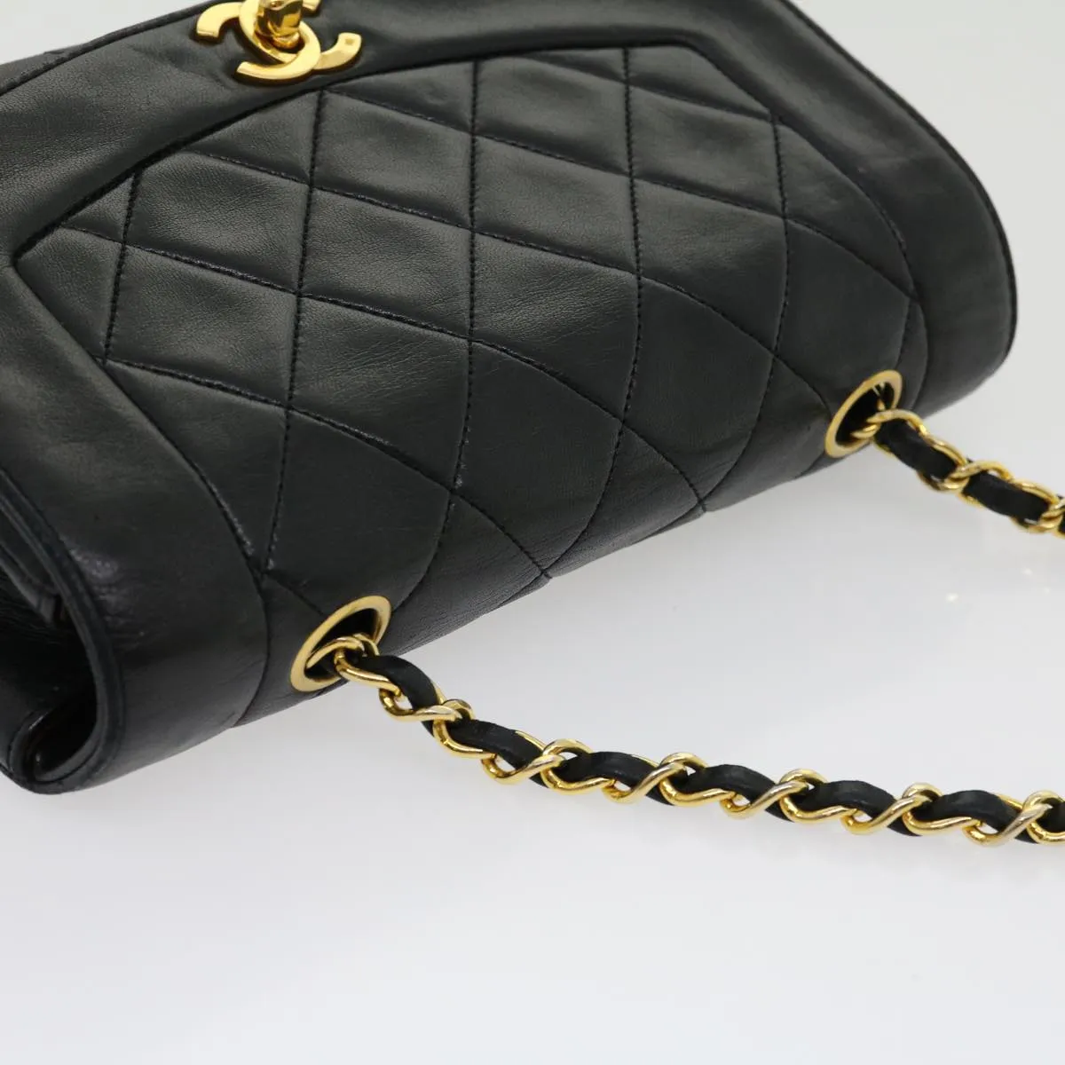CHANEL Matelasse Diana Turn Lock Chain Shoulder Bag Lamb Skin Black Auth ar7368A