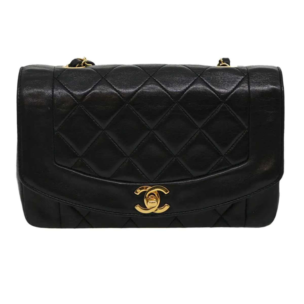 CHANEL Matelasse Diana Turn Lock Chain Shoulder Bag Lamb Skin Black Auth ar7368A