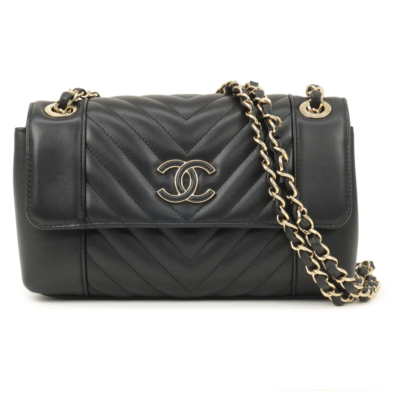 CHANEL Matelasse Lamb Skin Chevron Chain Shoulder Bag Black AS0260