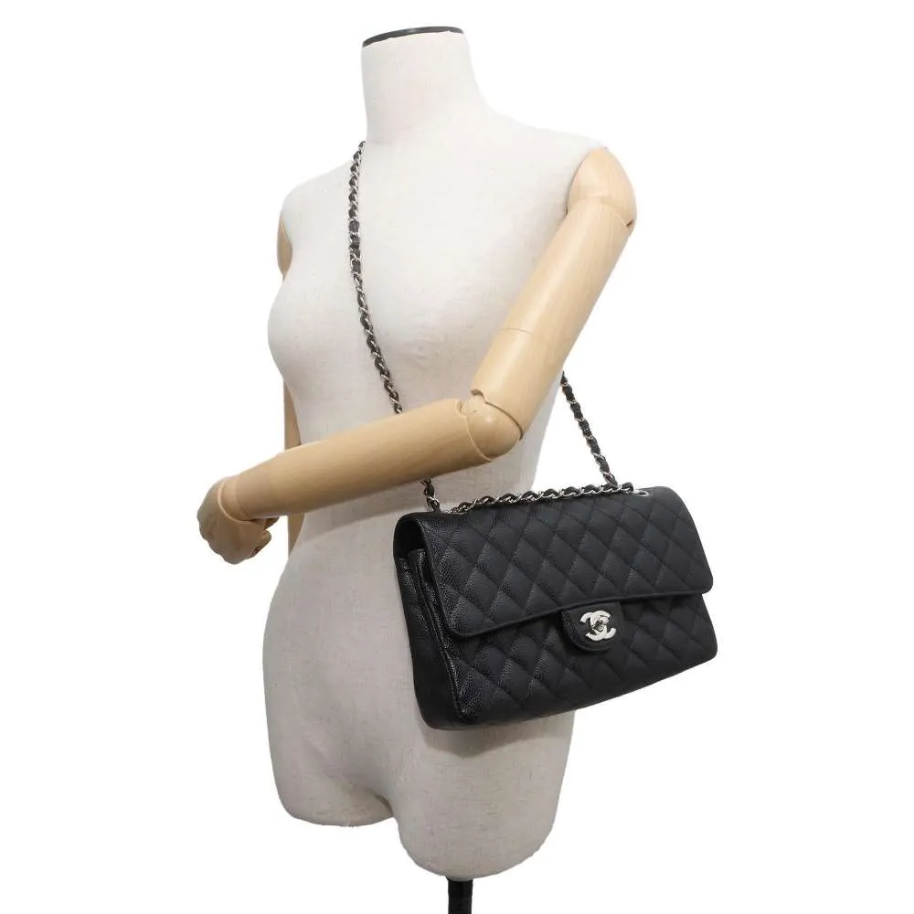 CHANEL Matelasse W Flap ChainShoulder Bag Black A01112 Caviar Leather Size 25